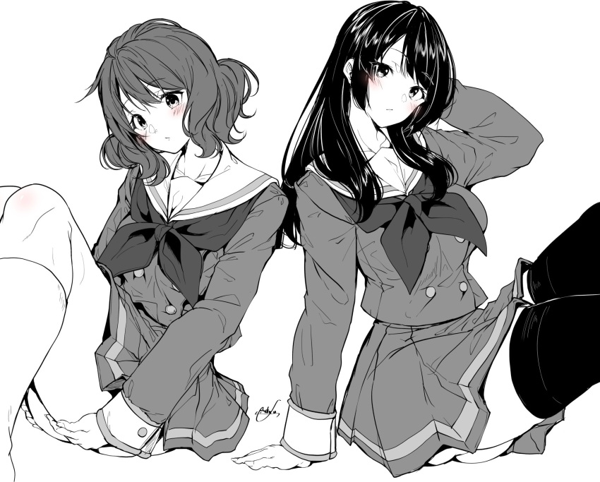 2girls ass_peek black_hair black_socks blush hands_under_legs hibike!_euphonium highres kitauji_high_school_uniform kneehighs knees_up kousaka_reina long_hair mokufuu monochrome multiple_girls neckerchief oumae_kumiko pleated_skirt school_uniform serafuku short_hair sitting skirt socks thighhighs wavy_hair white_background white_socks winter_uniform