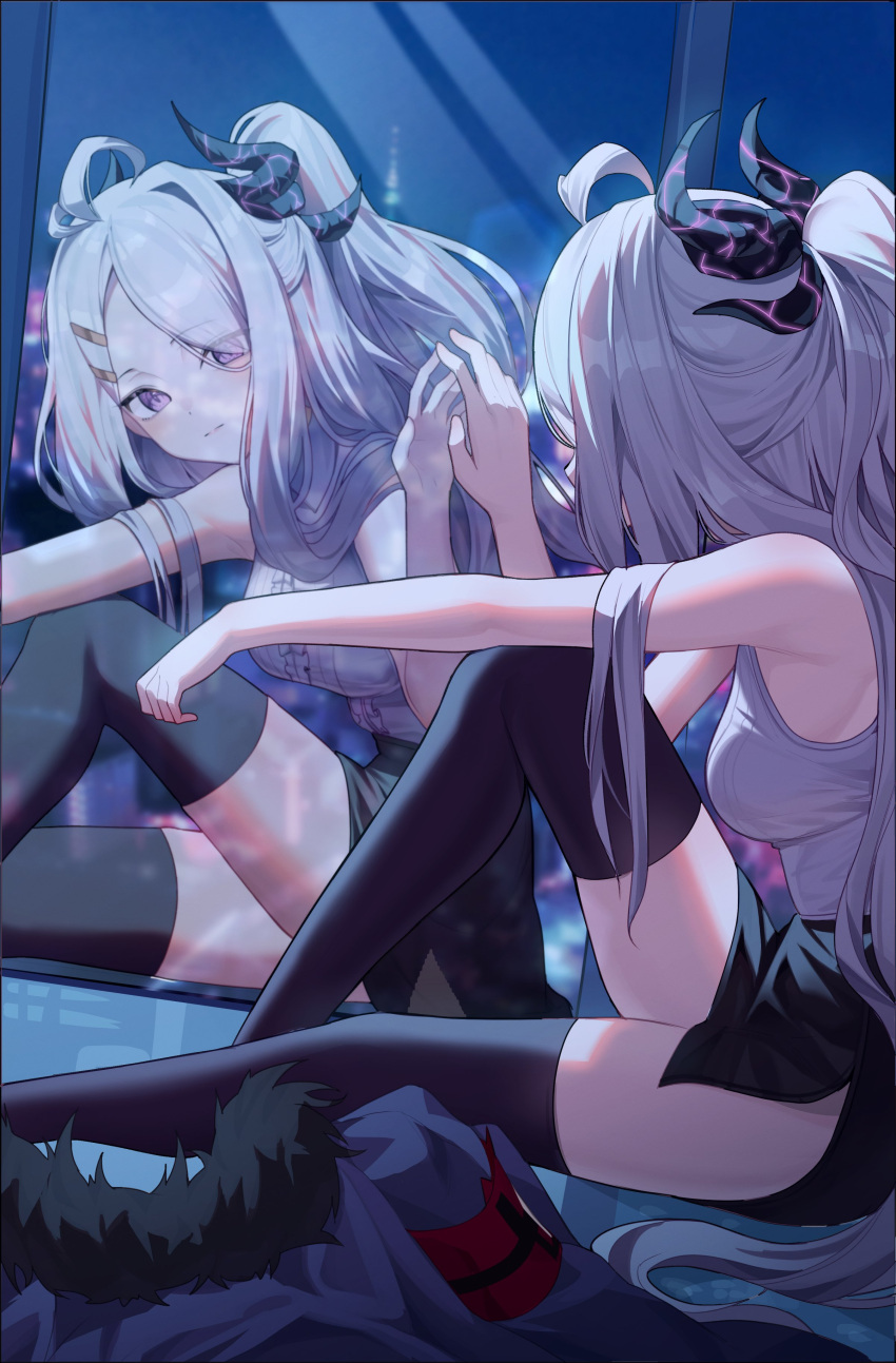 1girl absurdres ahoge black_coat black_horns black_thighhighs blue_archive breasts closed_mouth coat demon_horns grey_hair highres hina_(blue_archive) horns kakao346 long_hair multiple_horns purple_eyes reflection shirt sleeveless sleeveless_shirt small_breasts solo thighhighs unworn_coat very_long_hair white_shirt