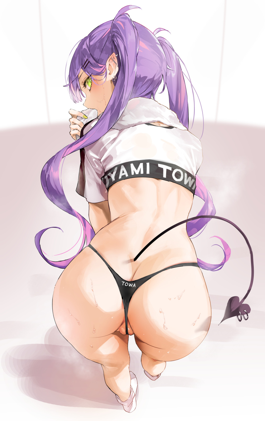 1girl absurdres ass barbell_piercing bent_over black_panties crop_top demon_tail ear_piercing earrings from_behind full_body green_eyes highres holding holding_towel hololive hololive_dance_practice_uniform jewelry kuroi_suna long_hair looking_back no_pants panties partially_visible_vulva piercing purple_hair solo steam steaming_body sweat tail thong tokoyami_towa towel towel_around_neck underwear very_long_hair virtual_youtuber