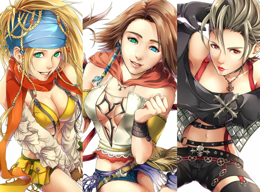 al_bhed_eyes blue_headband collage column_lineup cousins final_fantasy final_fantasy_x final_fantasy_x-2 green_eyes heterochromia hiromyan looking_at_viewer multiple_girls paine_(ff10) red_eyes rikku white_background yuna_(ff10)