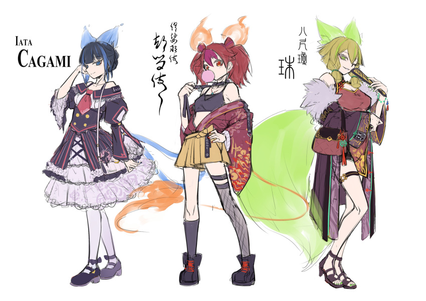 animal_ear_fluff animal_ears bare_shoulders black_camisole black_dress black_hair black_socks blonde_hair blue_eyes blue_hair breasts brown_kimono brown_skirt bubble_blowing camisole character_request chewing_gum commentary_request dress duel_monster fishnet_thighhighs fishnets fox_ears fox_girl fox_tail green_eyes green_hair grey_thighhighs hair_between_eyes hand_on_own_hip hand_up highres japanese_clothes juliet_sleeves kimono kneehighs long_sleeves multicolored_hair off-shoulder_dress off_shoulder one_eye_closed pantyhose pleated_skirt puffy_sleeves purple_hair red_eyes red_hair shun_no_shun single_kneehigh single_sock single_thighhigh skirt small_breasts smile socks standing streaked_hair tail thighhighs translation_request two-tone_hair white_background white_pantyhose wide_sleeves yu-gi-oh!