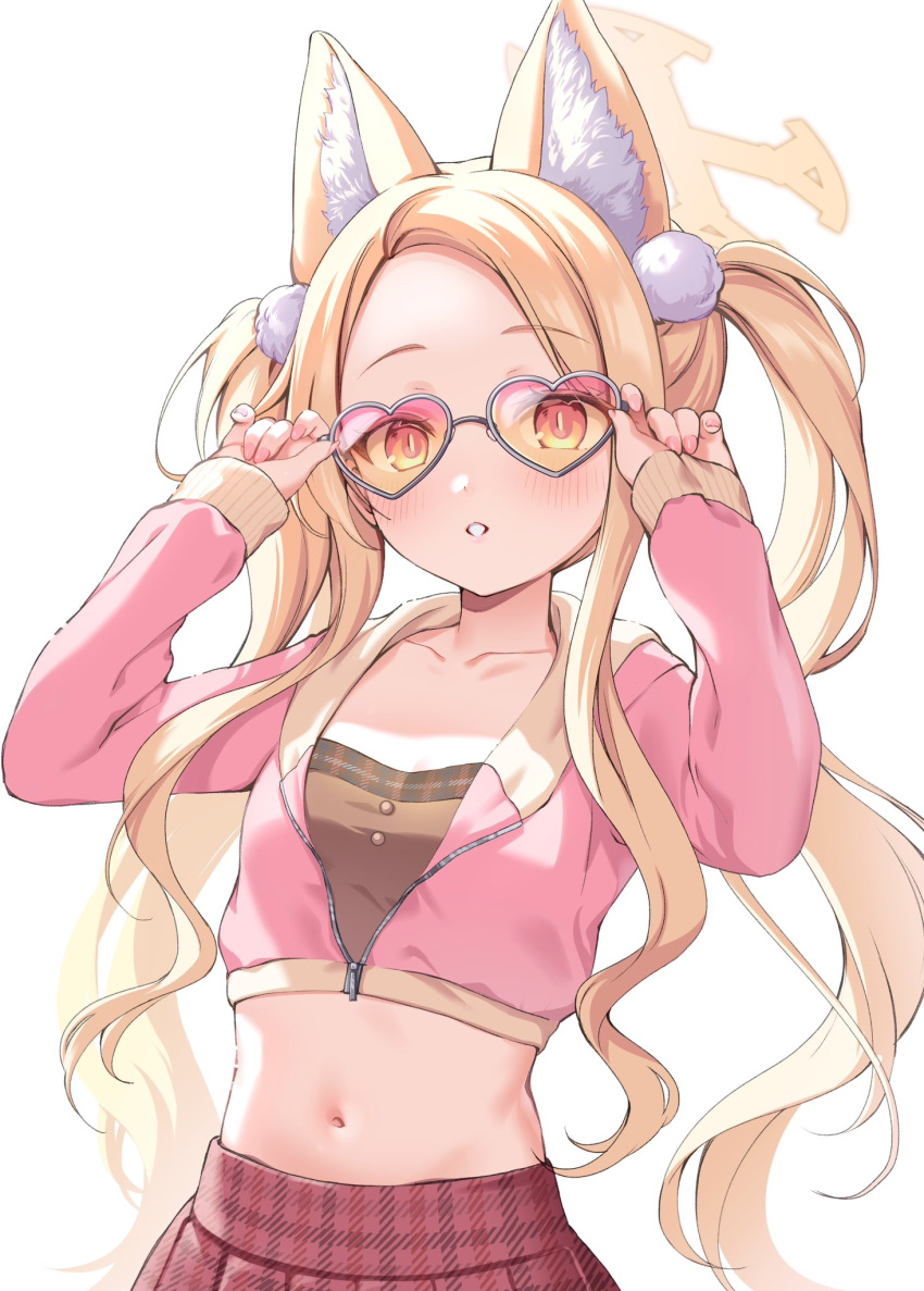 1girl alternate_costume alternate_hairstyle animal_ear_fluff animal_ears blonde_hair blue_archive blush breasts bright_pupils collarbone commentary crop_top cropped_jacket forehead fox_ears halo heart heart-shaped_eyewear highres jacket long_hair looking_at_viewer midriff mikeneko_mari nail_polish navel orange_eyes parted_bangs parted_lips partially_unzipped pink_jacket pink_nails plaid plaid_skirt red_skirt seia_(blue_archive) simple_background skirt slit_pupils small_breasts solo stomach teeth tinted_eyewear twintails upper_body very_long_hair white_background white_pupils yellow_eyes