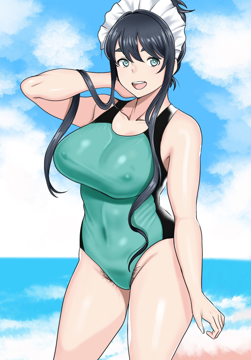 1girl :d arm_behind_head beach black_hair blue_sky breasts chicken4260 cloud cloudy_sky covered_navel cowboy_shot female_pubic_hair green_eyes green_one-piece_swimsuit highres large_breasts long_hair looking_at_viewer maid_headdress one-piece_swimsuit open_mouth original outdoors pubic_hair sand sky smile solo swimsuit water