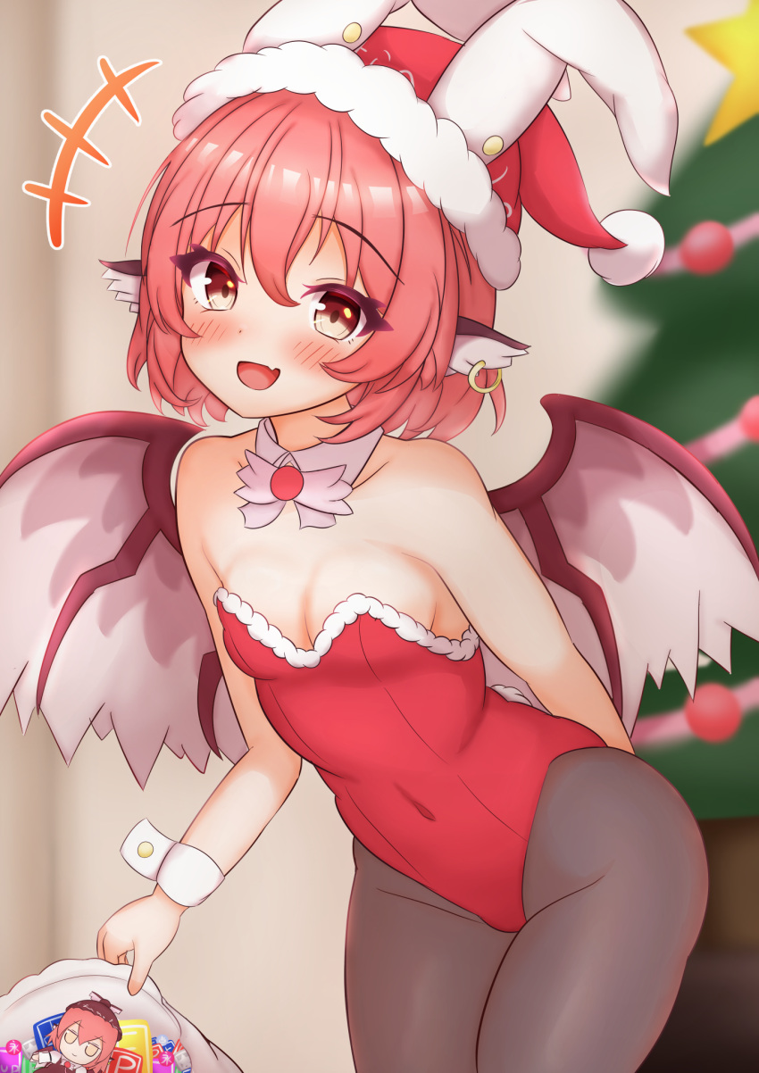 1girl animal_ear_piercing animal_ears bird_wings black_pantyhose blurry blurry_background blush breasts christmas_tree cleavage commentary_request covered_navel detached_collar fang fumo_(doll) highres kasoka_soka leotard looking_at_viewer medium_breasts mystia_lorelei open_mouth pantyhose pink_hair playboy_bunny rabbit_ears red_leotard short_hair skin_fang solo touhou wings