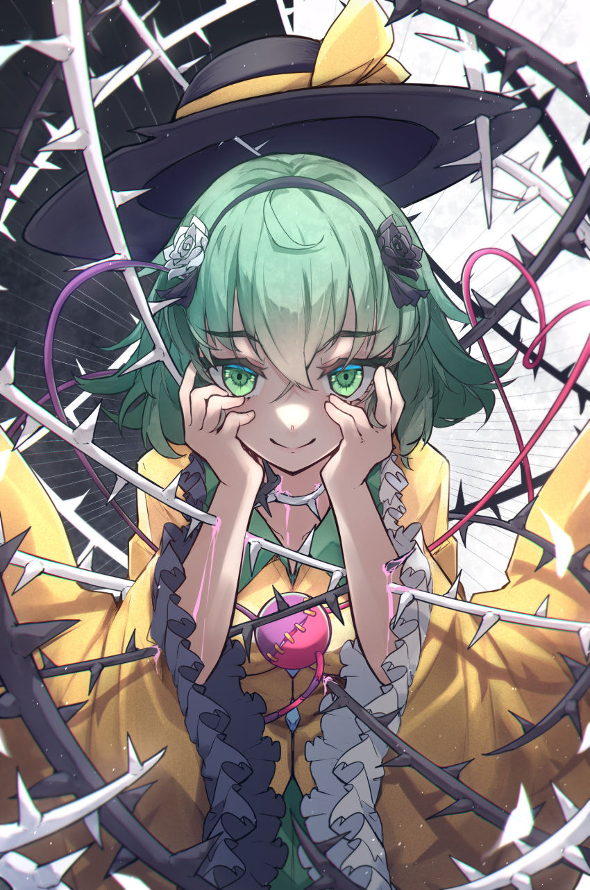 1girl absurdres black_headwear buttons chiroru_(cheese-roll) closed_mouth collared_shirt diamond_button frilled_sleeves frills green_eyes green_hair green_skirt hair_between_eyes hat hat_ribbon heart heart_of_string highres komeiji_koishi long_sleeves looking_at_viewer ribbon shirt short_hair skirt smile solo third_eye thorns touhou wide_sleeves yellow_ribbon yellow_shirt