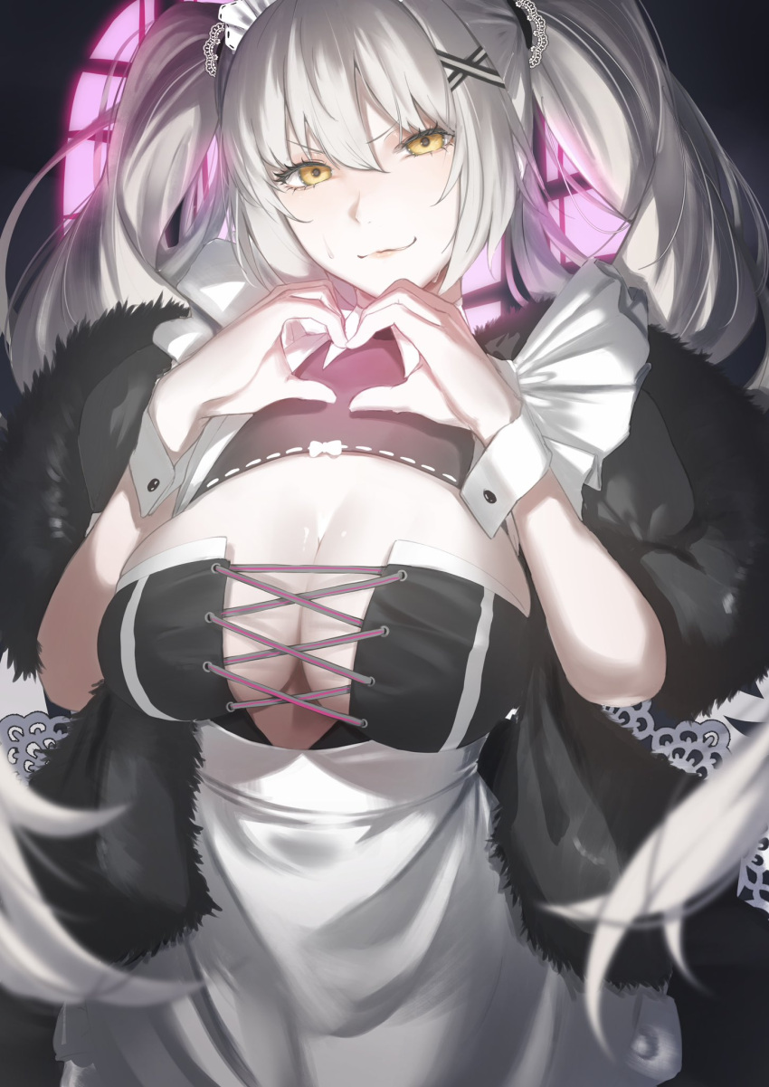 1girl alternate_costume apron bow breasts cleavage cleavage_cutout closed_mouth clothing_cutout coat commentary_request cross-laced_clothes cross-laced_top fate/grand_order fate_(series) frills fringe_trim fur_coat furrowed_brow hair_between_eyes hair_ornament heart heart_hands highres jeanne_d'arc_alter_(fate) large_breasts long_hair looking_at_viewer maid maid_apron puffy_short_sleeves puffy_sleeves ri_o_ne_su short_sleeves solo standing sweatdrop twintails waist_apron white_apron white_bow white_hair wrist_cuffs x_hair_ornament yellow_eyes