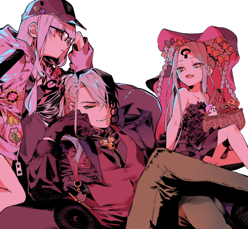 1boy 2girls abigail_williams_(fate) abigail_williams_(swimsuit_foreigner)_(fate) abigail_williams_(swimsuit_foreigner)_(first_ascension)_(fate) ashiya_douman_(fate) bare_shoulders baseball_cap basket bow candy crossed_legs fang fate/grand_order fate_(series) food ghost glasses grey_hair hair_bow hand_on_own_cheek hand_on_own_face hat highres jack-o'-lantern jacket kama_(fate) lollipop multicolored_hair multiple_girls multiple_hair_bows red_eyes sakura_(skr_i) skin_fang split-color_hair