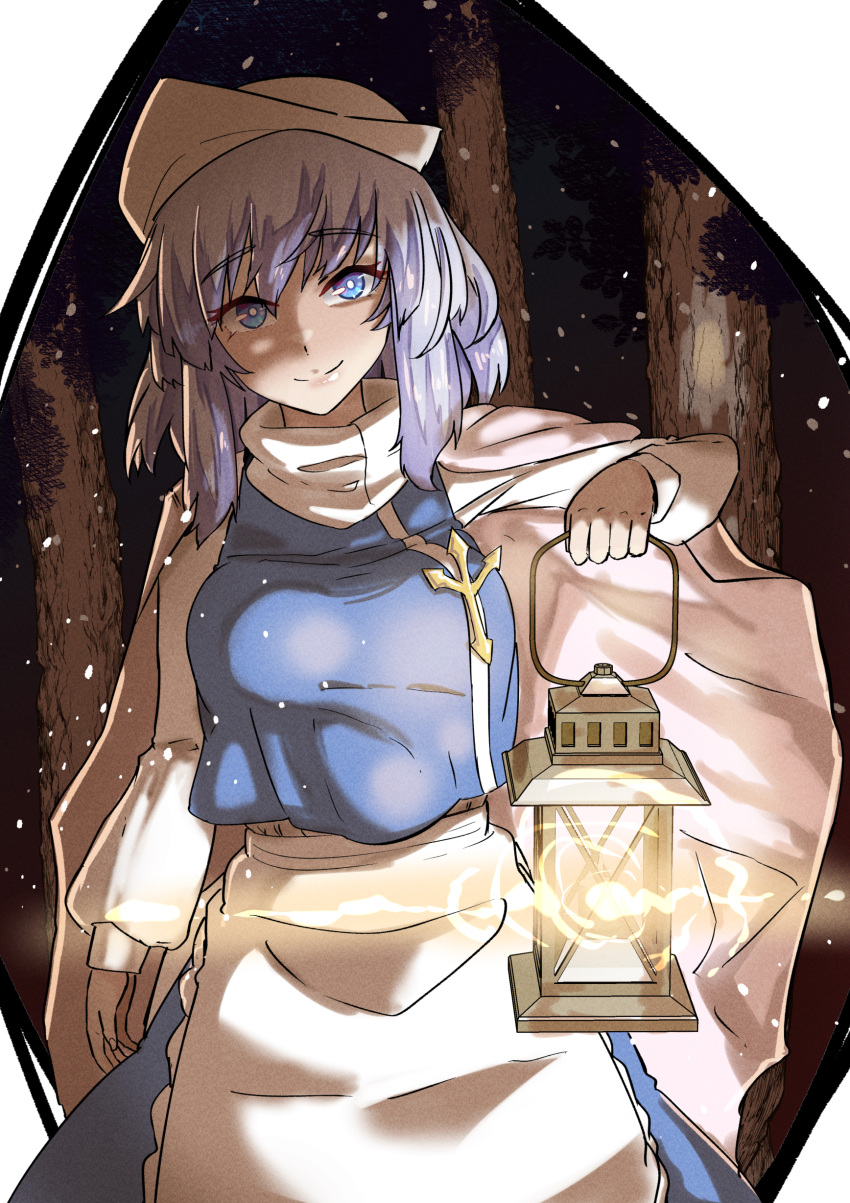 1girl absurdres apron blue_eyes blue_skirt blue_vest cape highres holding holding_lantern lantern letty_whiterock long_sleeves purple_hair shirt skirt smile snowing solo touhou vest waist_apron white_apron white_cape white_headwear white_shirt yet_you