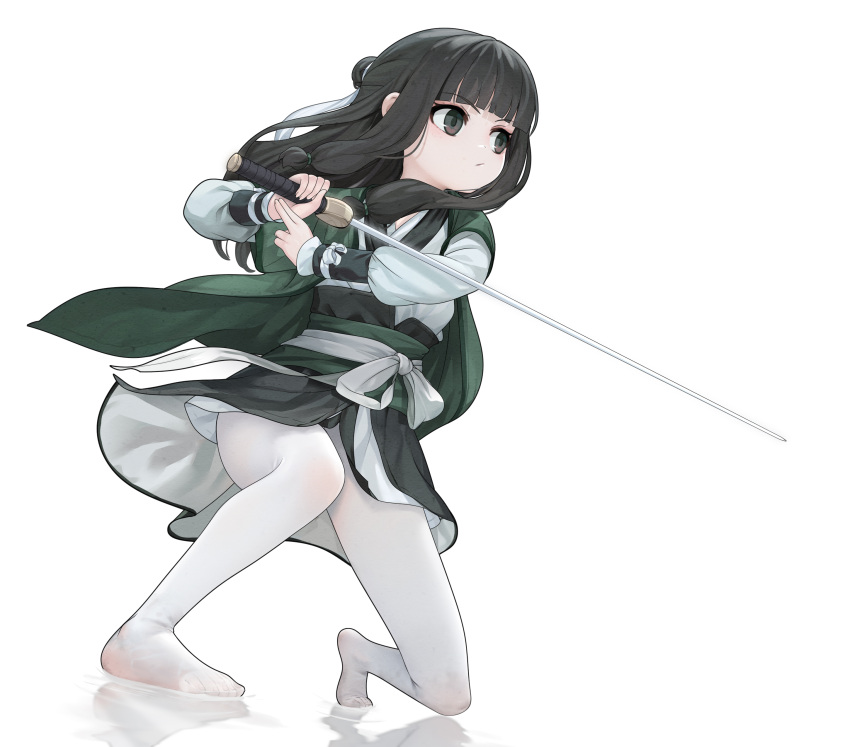 1girl absurdres black_hair brown_eyes chinese_clothes full_body highres holding holding_sword holding_weapon long_hair long_sleeves no_shoes obi on_one_knee original pantyhose puffy_long_sleeves puffy_sleeves reflection ripples sash simple_background solo sword water weapon white_background white_pantyhose white_ph