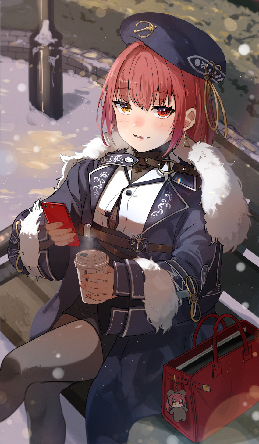 1girl absurdres bag beret black_pantyhose blue_headwear blue_jacket blush breasts cellphone collared_shirt crossed_legs cup disposable_cup earrings fur-trimmed_jacket fur_trim gold_earrings handbag haru_yu hat heterochromia highres holding holding_cup holding_phone hololive houshou_marine houshou_marine_(businesswoman) jacket jewelry large_breasts looking_at_viewer official_alternate_costume pantyhose phone red_bag red_eyes red_hair shirt short_hair single_earring smartphone smile snow solo triangle_earrings virtual_youtuber white_shirt yellow_eyes