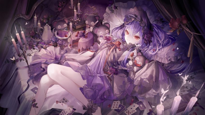 1girl ahoge bonnet book book_stack cake cake_slice candle candlelight candlestand card cowlick cup food fork fruit highres knife long_hair looking_at_viewer lying nanashi_inc. on_back on_bed plate playing_card purple_hair red_eyes shisui_kiki sleeves_past_fingers sleeves_past_wrists smile solo strawberry stuffed_animal stuffed_toy teacup teapot teddy_bear tray virtual_youtuber yoggi_(stretchmen)