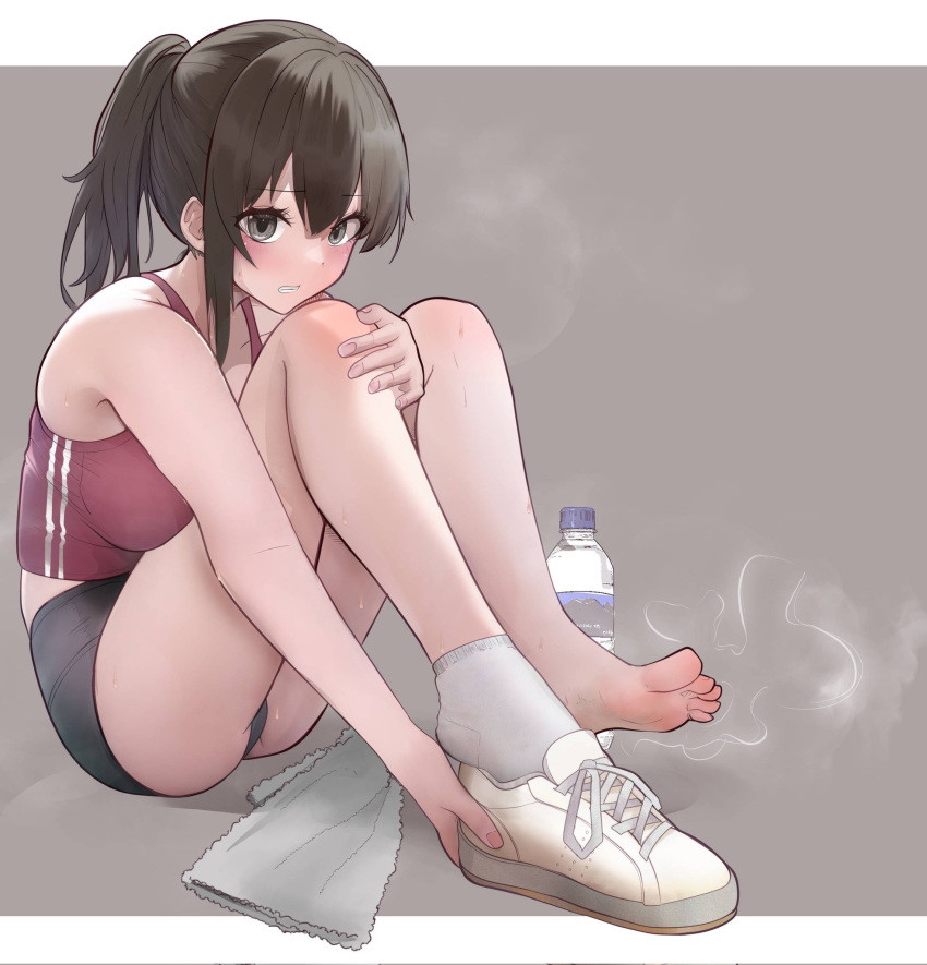 1girl bare_legs barefoot black_buruma blush bottle breasts brown_hair buruma collarbone crop_top double-parted_bangs eyelashes feet full_body grey_background grey_eyes hand_on_own_knee highres knees_up large_breasts legs long_legs looking_at_viewer lumina414 original plastic_bottle ponytail red_tank_top shoes single_sock smell sneakers socks soles solo steaming_body sweatdrop tank_top toenails toes towel water_bottle white_footwear