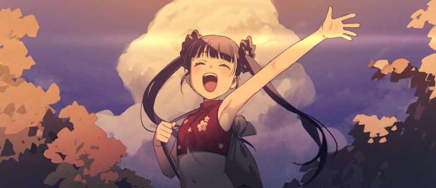 1girl arm_up bag bare_shoulders black_hair blush closed_eyes cloud crop_top cumulonimbus_cloud facing_viewer hair_rings highres long_hair monk_(sekaiju) monk_2_(sekaiju) mya-zawa navel open_mouth outdoors red_shirt sekaiju_no_meikyuu sekaiju_no_meikyuu_3 shirt sky sleeveless sleeveless_shirt smile solo twilight twintails upper_body waving