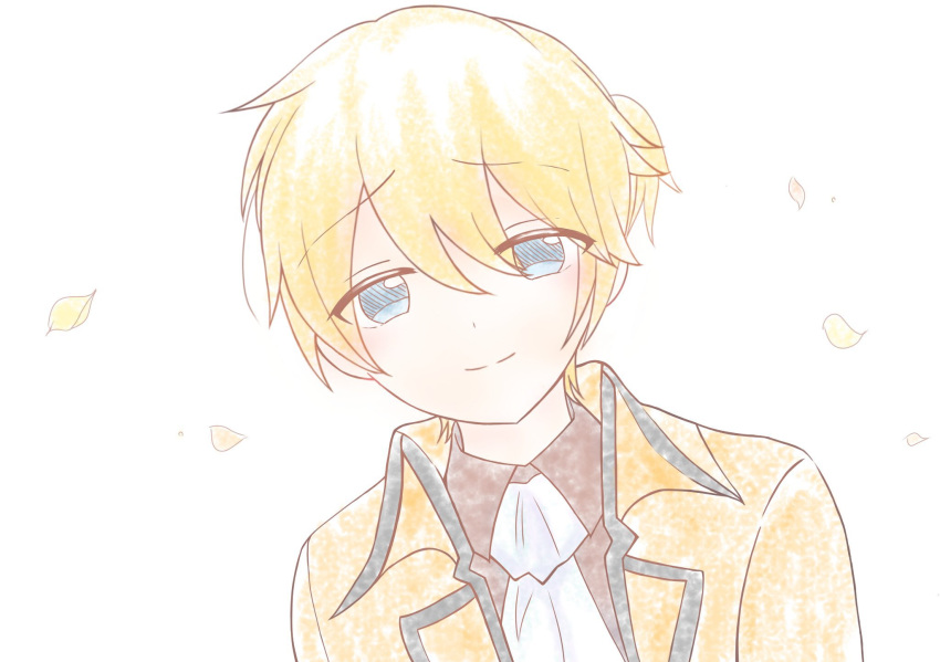 1boy ahoge aku_no_meshitsukai_(vocaloid) allen_avadonia ascot blue_eyes brown_shirt collared_jacket collared_shirt colored_eyelashes evillious_nendaiki falling_petals hair_between_eyes half-closed_eyes hatching_(texture) head_tilt high_collar highres jacket konoha_mine linear_hatching miku_symphony_(vocaloid) petals shirt short_ponytail smile solo vocaloid white_ascot yellow_jacket