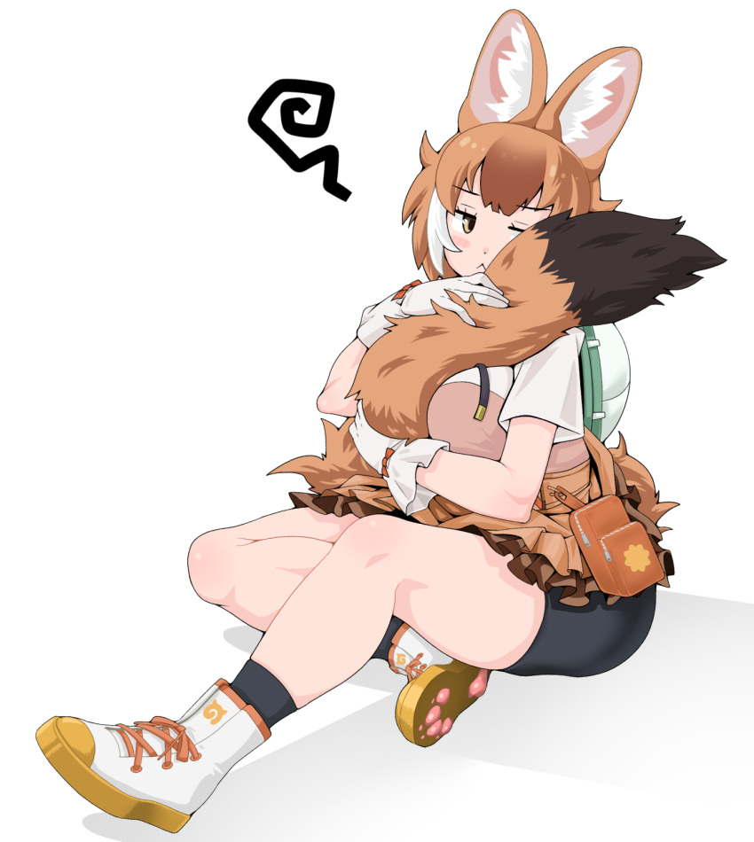 1girl :&lt; animal_ears bike_shorts_under_skirt blush breasts brown_hair commentary dhole_(kemono_friends) dog_ears dog_girl dog_tail emil_(fafa) extra_ears gloves highres hugging_own_tail hugging_tail kemono_friends kemono_friends_3 large_breasts multicolored_hair official_alternate_costume pout shirt short_hair skirt solo squiggle sulking tail two-tone_hair white_hair