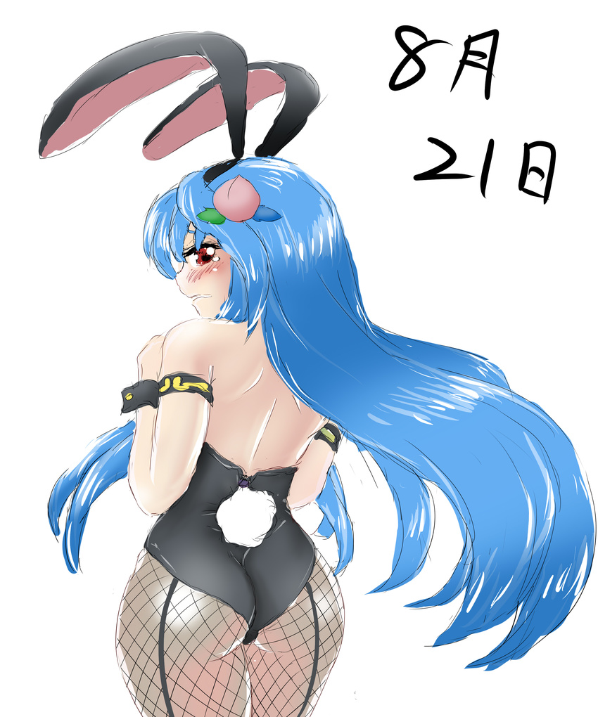 absurdres angry animal_ears ass back bare_back blue_hair blush bunny_day bunny_ears bunny_tail bunnysuit clenched_hands embarrassed fishnet_pantyhose fishnets food food_on_head fruit fruit_on_head highres hinanawi_tenshi hips king_(ougon_kingyo-bachi) long_hair looking_at_viewer object_on_head pantyhose peach red_eyes sketch solo tail tears thighs touhou very_long_hair wrist_cuffs