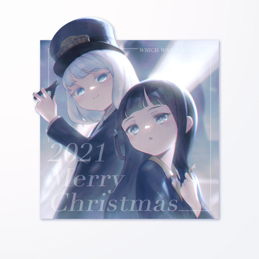 2021 2girls black_hair blue_jacket blue_robe border captaintcher christmas english_text grey_eyes highres holding_ticket hole_puncher jacket long_sleeves merry_christmas multiple_girls parted_lips robe smile the_polar_express train train_conductor white_border white_hair