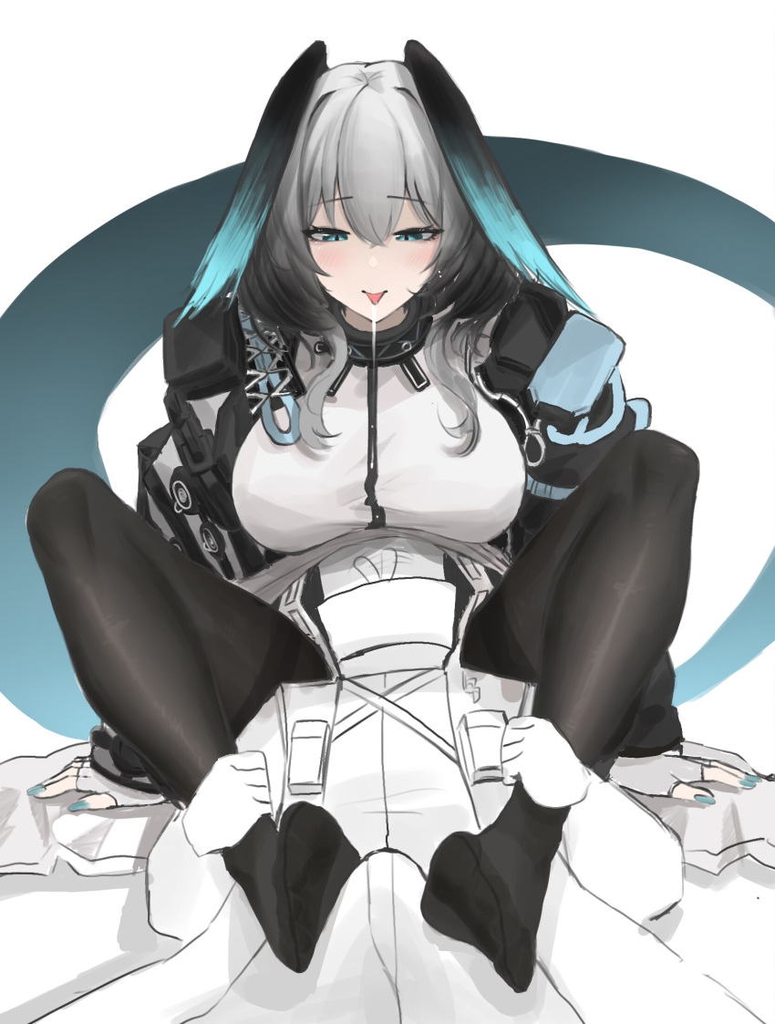 1boy 1girl aqua_eyes aqua_nails aqua_tail arknights black_pantyhose black_thighhighs breasts dorsiflexion erection feet footjob footjob_over_clothes grey_hair head_wings highres ho'olheyak_(arknights) knees_up large_breasts looking_down medium_hair no_shoes pantyhose saliva simple_background sitting smile thighhighs toes tongue tongue_out two-footed_footjob user_fpea5225 very_long_tail white_background wings