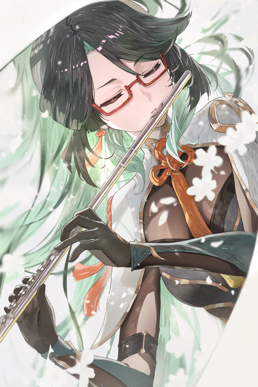 1girl absurdres aqua_hair black_gloves black_hair capelet closed_eyes commentary_request flute genshin_impact glasses gloves hidulume highres holding holding_instrument instrument long_hair music parted_lips playing_instrument red-framed_eyewear solo upper_body very_long_hair white_capelet xianyun_(genshin_impact)