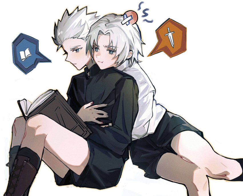 2boys annoyed bishounen black_shirt black_shorts blue_eyes book boots dante_(devil_may_cry) devil_may_cry_(series) highres multiple_boys reading shirt shorts vergil_(devil_may_cry) white_hair white_shirt www_(1184187582)