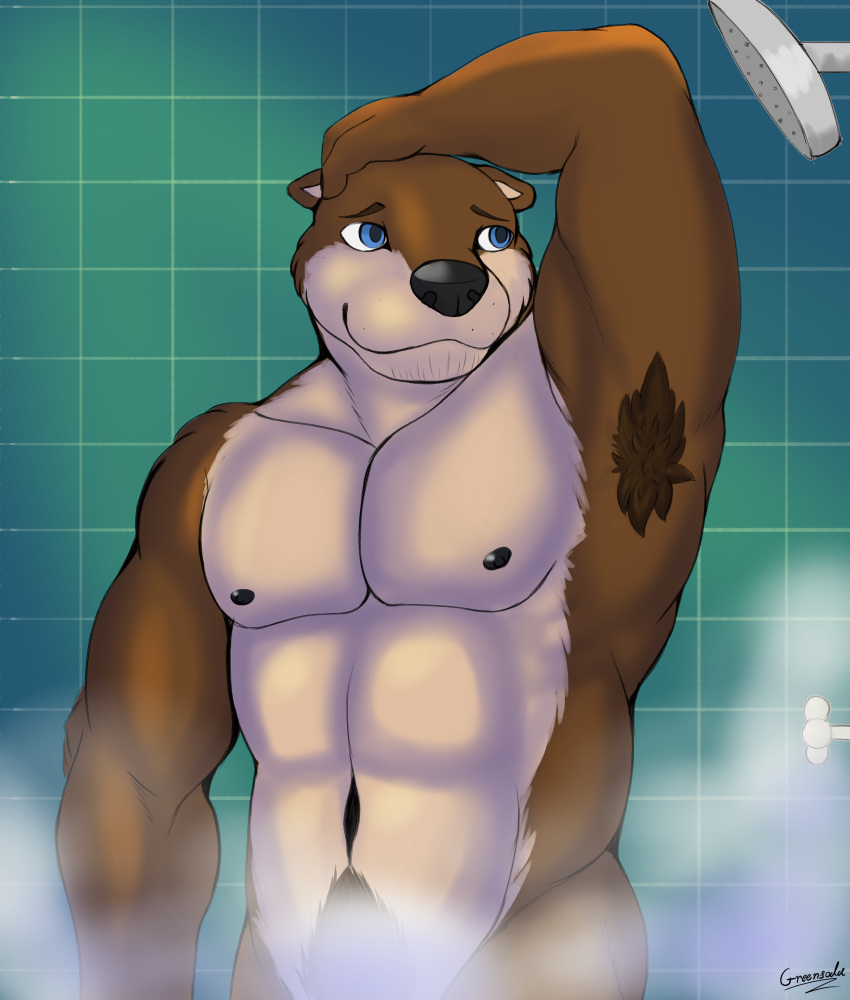 absurd_res anthro bath bathing blue_eyes brown_body brown_fur digital_media_(artwork) echo_(game) echo_(series) echo_project fur greensodafennec hi_res humanoid male mammal muscular muscular_male mustelid nipples nude otter simple_background smile solo sydney_bronson visual_novel