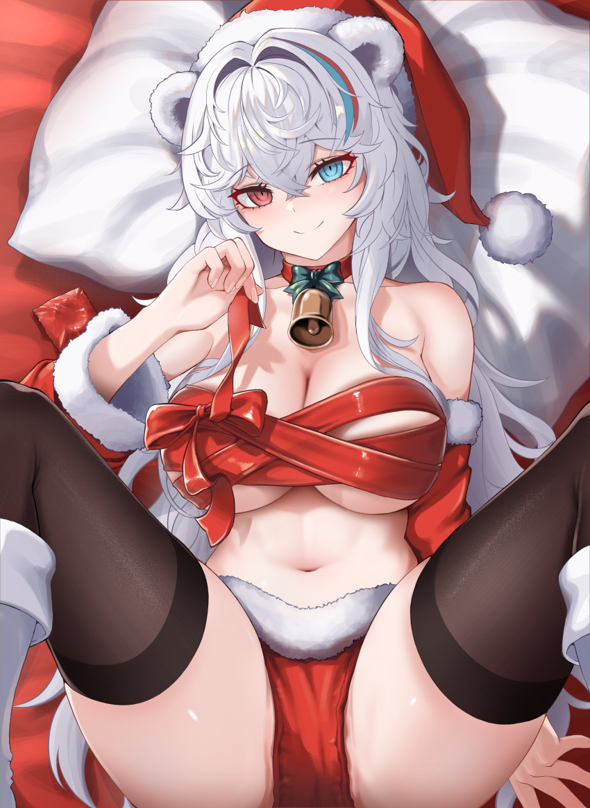 1girl absurdres animal_ears arknights bare_shoulders bear_ears bear_girl bell bikini breasts christmas cleavage condom condom_wrapper detached_sleeves fur_trim hat highres large_breasts looking_at_viewer lying m_legs mildt multicolored_hair neck_bell on_back ribbon_bra rosa_(arknights) santa_bikini santa_costume santa_hat smile streaked_hair swimsuit thighhighs white_hair