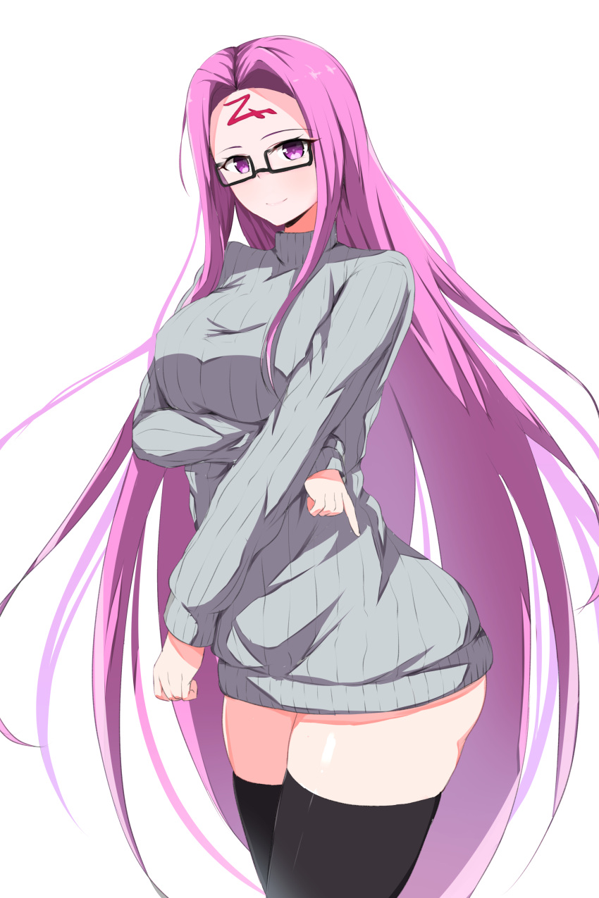 1girl absurdres arm_under_breasts black_thighhighs breasts closed_mouth facial_mark fate/stay_night fate_(series) forehead_mark glasses grey_sweater highres kirikan_(cokekiri) large_breasts long_hair long_sleeves medusa_(fate) medusa_(rider)_(fate) purple_eyes purple_hair rectangular_eyewear ribbed_sweater solo sweater thighhighs turtleneck turtleneck_sweater very_long_hair