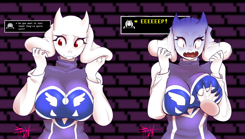 anthro big_breasts big_ears boss_monster bovid breast_grab breasts caprine clothed clothing dialogue disembodied_hand dress eyelashes fangs female floppy_ears front_view fur goat hand_on_breast hi_res horizontal_pupils horn huge_breasts lop_ears mammal phrenpai pupils purple_clothing purple_dress red_eyes scared solo speech_bubble surprise surprised_expression teeth text toriel undertale undertale_(series) white_body white_fur white_horn wide_eyed