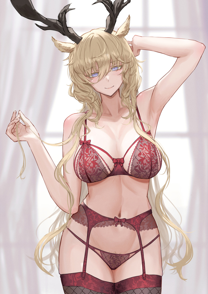 1girl animal_ears antlers arknights arm_behind_head arm_up armpits blonde_hair blue_eyes bra breasts collarbone commentary_request curtains deer_antlers deer_ears deer_girl garter_belt gino_(gino_h) highres indoors large_breasts lingerie long_hair looking_at_viewer navel panties pubic_hair red_bra red_panties smile solo stomach thighhighs underwear underwear_only viviana_(arknights)