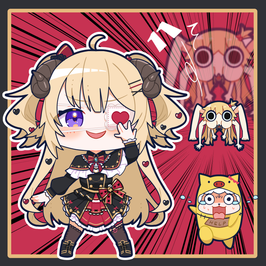 1girl 1other absurdres ahoge akai_haato akai_haato_(gothic_lolita) animal_ears black_capelet black_coat black_dress black_skirt blonde_hair blush blush_stickers bow bowtie buttons capelet chibi chuunibyou coat double-breasted dress eyepatch frilled_capelet frills full_body gothic_lolita haaton_(akai_haato) hair_ornament hairclip heart heart_eyepatch heart_hair_ornament highres hiruno_isu hololive horns layered_dress lolita_fashion long_hair long_sleeves medical_eyepatch monster overskirt purple_eyes red_bow red_bowtie red_dress sheep_ears sheep_girl sheep_horns short_dress skirt sleeveless sleeveless_dress spiderchama tsunomaki_watame two_side_up very_long_hair virtual_youtuber watamate