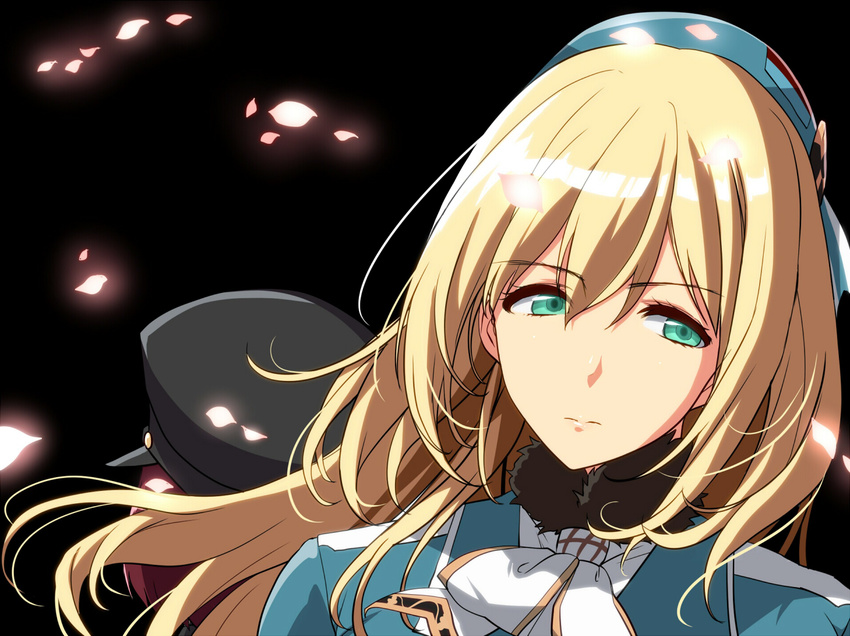 1girl atago_(kantai_collection) blonde_hair brown_eyes brown_hair cape cherry_blossoms close-up hat high_heels kantai_collection kloah little_boy_admiral_(kantai_collection) long_hair magic_knight_rayearth parody serious uniform