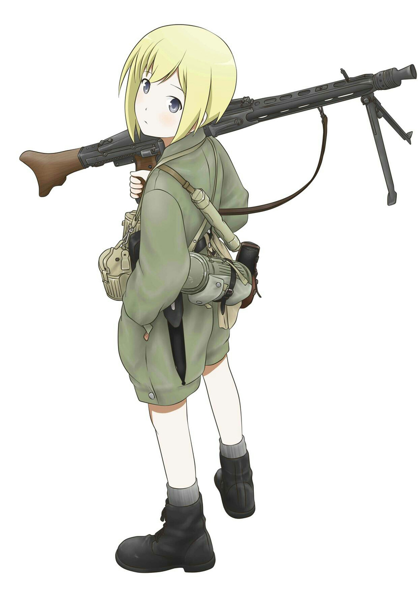 alternate_costume bayonet blonde_hair blue_eyes boots canteen erica_hartmann from_above gun hand_in_pocket highres looking_at_viewer looking_back looking_up machine_gun magazine_(weapon) mg42 military military_uniform millimeter short_hair simple_background sling solo strike_witches uniform weapon white_background world_war_ii world_witches_series