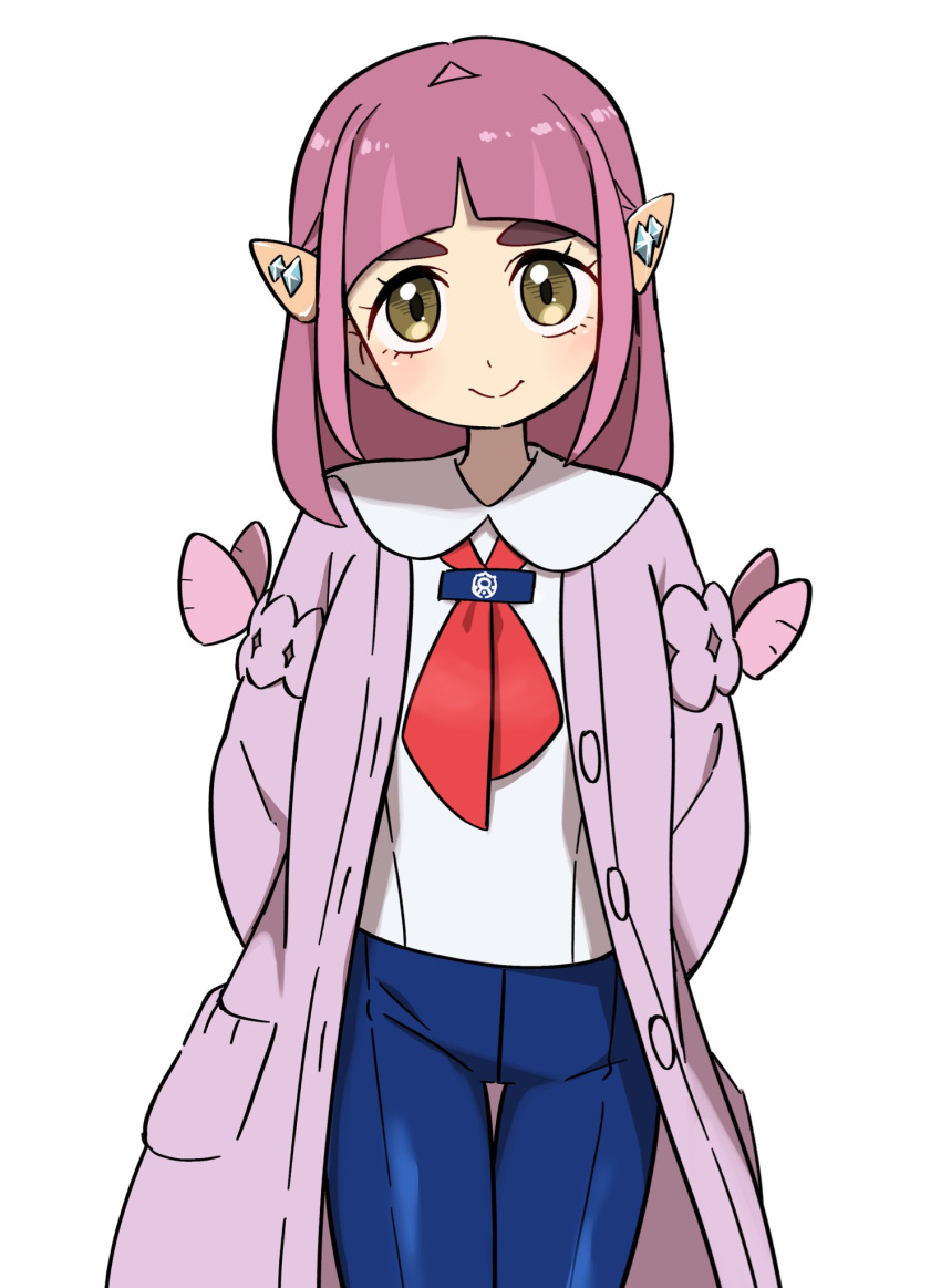 1girl arched_bangs ayakadegozans blue_pants blueberry_academy_school_uniform cardigan coat collared_shirt hair_ornament hairclip highres lacey_(pokemon) long_sleeves looking_at_viewer medium_hair neckerchief open_cardigan open_clothes pants pink_coat pink_hair pokemon pokemon_sv red_neckerchief school_uniform shirt smile solo thick_eyebrows white_shirt yellow_eyes