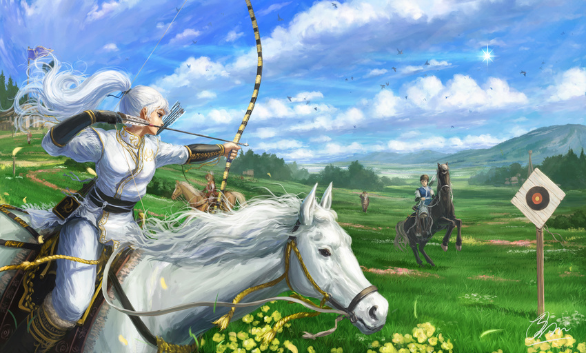 1girl aiming androgynous archery arrow bad_id bad_pixiv_id bird blurry bow_(weapon) brown_hair cloud day depth_of_field drawing_bow fantasy faux_traditional_media field flag flower grass highres hill holding holding_arrow holding_bow_(weapon) holding_weapon horse horseback_riding long_hair original outstretched_arm ponytail quiver reins riding scenery shiki_makoto signature sky solo_focus sun target tent tree vambraces weapon white_hair wind