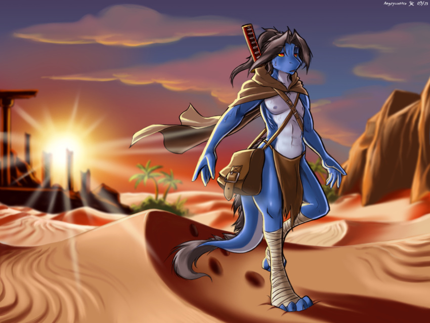 angrycontra anthro black_hair blue_body bottomwear cloak clothed clothing desert desert_background digital_media_(artwork) feet foot_wraps hair hi_res lizard loincloth male melee_weapon outside pouch_(clothing) red_eyes reptile ruins scalie sek-raktaa shoulder_strap sky solo sun sunset sword sword_on_back tail tail_tuft tuft weapon white_body wraps