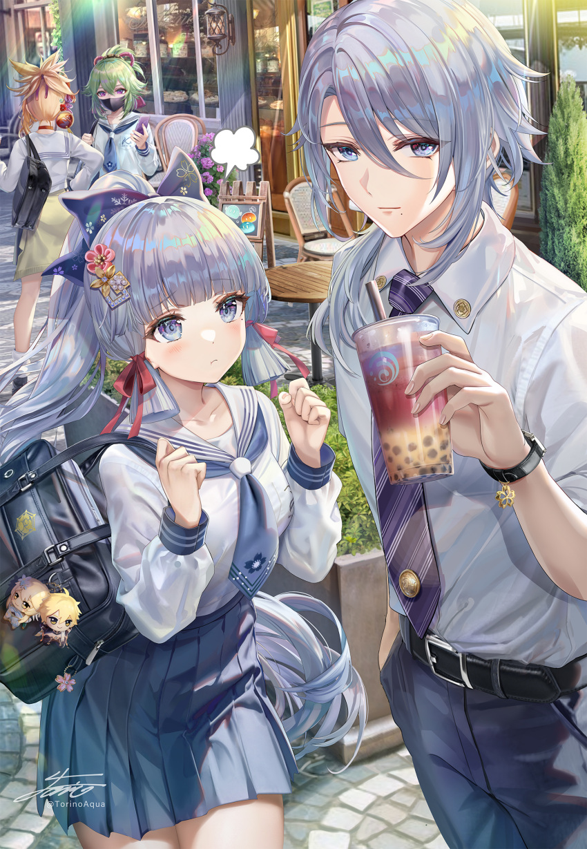 1boy 3girls aether_(genshin_impact) bag bag_charm belt black_belt blonde_hair blue_eyes blue_neckerchief brother_and_sister bubble_tea cafe cellphone chair charm_(object) collared_shirt commentary_request cup disposable_cup genshin_impact green_hair grey_hair high_ponytail highres holding holding_cup holding_phone kamisato_ayaka kamisato_ayaka_(heytea) kamisato_ayato kamisato_ayato_(heytea) kuki_shinobu looking_at_another looking_at_viewer lumine_(genshin_impact) mask mole mole_under_eye mole_under_mouth mouth_mask multiple_girls neckerchief necktie outdoors pants phone pleated_skirt purple_eyes purple_necktie sailor_collar school_bag school_uniform serafuku shirt short_ponytail siblings sign skirt slime_(genshin_impact) smartphone table torino_aqua watch wristwatch yoimiya_(genshin_impact)