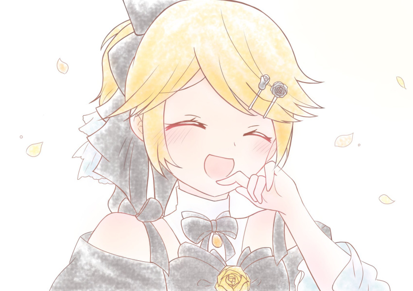 1girl aku_no_musume_(vocaloid) bare_shoulders black_bow black_flower black_rose blonde_hair bow collar detached_collar dress evillious_nendaiki falling_petals flower frilled_bow frilled_sleeves frills hair_bow hair_ornament hairclip happy high_ponytail highres kagamine_rin konoha_mine laughing light_blush miku_symphony_(vocaloid) off-shoulder_dress off_shoulder petals riliane_lucifen_d'autriche rose short_ponytail sidelocks smile solo swept_bangs updo vocaloid white_background white_collar wide_sleeves yellow_flower yellow_rose