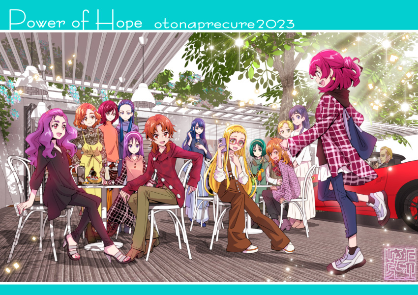 1boy 6+girls :d akimoto_komachi artist_logo black_eyes black_hair blonde_hair blue_eyes blue_hair brown_hair bunbee_(yes!_precure_5) cafe car commentary_request copyright_name earrings eyelashes futari_wa_precure futari_wa_precure_max_heart futari_wa_precure_splash_star glasses green_eyes green_hair hair_ornament hairband hairclip happy hyuuga_saki jewelry kamikita_futago kasugano_urara_(yes!_precure_5) kibou_no_chikara_~otona_precure_'23~ kiryuu_kaoru kiryuu_michiru kujou_hikari long_hair looking_at_another medium_hair milk_(yes!_precure_5) mimino_kurumi minazuki_karen mishou_mai misumi_nagisa motor_vehicle multiple_girls natsuki_rin open_mouth orange_eyes orange_hair parfait pink-framed_eyewear pink_hair precure purple_eyes purple_hair red_car red_eyes red_hair riding short_hair sitting smile stamp_mark standing yes!_precure_5 yes!_precure_5_gogo! yukishiro_honoka yumehara_nozomi