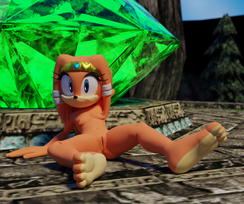 3d_(artwork) 6:5 absurd_res anthro blender_(software) blender_cycles blue_eyes breasts dargotdruid digital_media_(artwork) echidna female fur genitals hi_res mammal master_emerald monotreme nipples orange_body orange_fur pussy sega sitting solo sonic_adventure sonic_the_hedgehog_(series) tikal_the_echidna