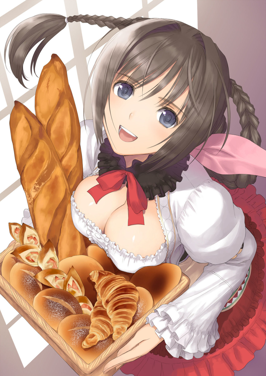 :d baguette basket blush bow bowtie braid bread breasts brown_hair carrying cleavage croissant downblouse food frilled_sleeves frills from_above fur_collar fur_trim hair_intakes highres indoors large_breasts layered_skirt long_hair long_sleeves looking_at_viewer looking_up neris_(shining_hearts) open_mouth red_bow red_neckwear red_skirt round_teeth shining_(series) shining_hearts shining_world shirt skirt smile solo tanaka_takayuki teeth twin_braids white_shirt window