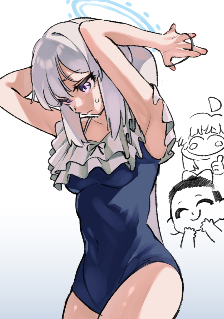 1boy 2girls adjusting_hair bare_arms bare_legs bare_shoulders blue_archive blue_halo blue_one-piece_swimsuit blush breasts closed_mouth cowboy_shot doodle_sensei_(blue_archive) frilled_one-piece_swimsuit frills gradient_background grey_hair halo highres je_o_mo kaya_(blue_archive) long_hair miyako_(blue_archive) miyako_(swimsuit)_(blue_archive) multiple_girls official_alternate_costume one-piece_swimsuit purple_eyes sensei_(blue_archive) small_breasts swimsuit