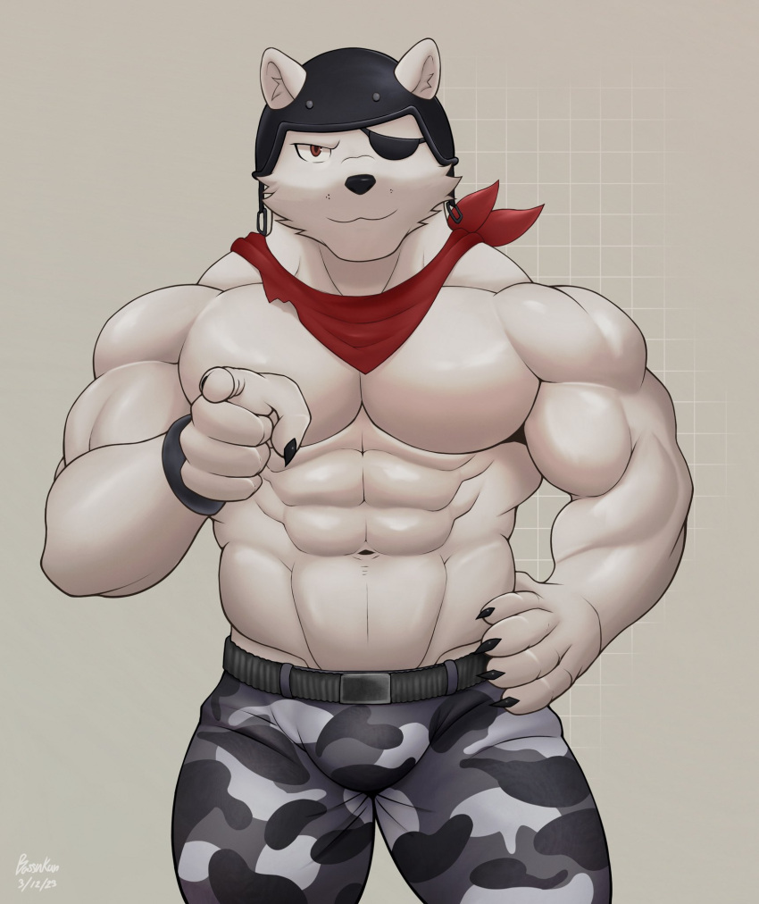 2023 5_fingers abs anthro armor athletic bassu_kun bear belt biceps body_tuft bottomwear camo camo_bottomwear camo_clothing camo_pants camo_print claws clothed clothing cursive dated ears_through_headwear epic_games eye_patch eyewear facial_tuft fingers fortnite fur gesture hair hand_on_hip hat headgear headwear helmet hi_res kerchief looking_at_viewer male mammal muscular muscular_anthro muscular_male neckerchief number pants pattern_bottomwear pattern_clothing pattern_pants pecs pointing pointing_at_viewer polar_bear polar_patroller portrait pose red_eyes serratus sharp_claws simple_background small_text solo standing text three-quarter_portrait topless tuft ursine watermark white_body white_fur wristband wristwear