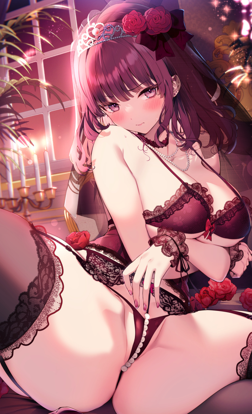 1girl bare_arms bare_shoulders bead_necklace beads black_garter_straps black_thighhighs blush bra breasts candle closed_mouth commentary_request ear_piercing garter_belt garter_straps hair_ornament highres jewelry kat_(bu-kunn) lace-trimmed_legwear lace_trim large_breasts lingerie long_hair looking_at_viewer necklace original panties pearl_necklace piercing purple_bra purple_eyes purple_garter_belt purple_hair purple_panties purple_thighhighs solo thighhighs thighs tiara underwear window