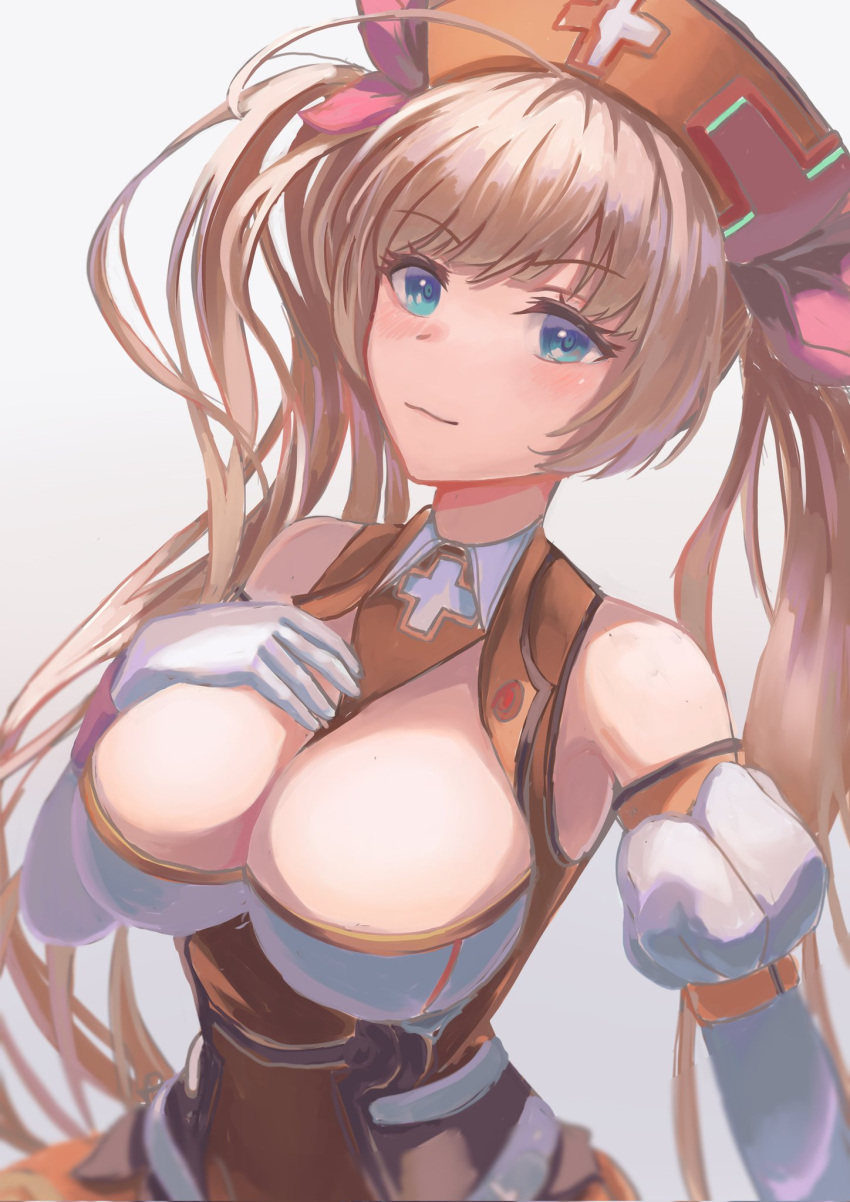 1girl ahoge arm_belt armpit_crease blonde_hair blue_eyes blush bow breasts cleavage cleavage_cutout closed_mouth clothing_cutout collared_shirt commentary_request cross curly_hair detached_sleeves dian_cecht_(kamihime_project) gloves grey_background hair_bow hand_on_own_chest hat highres kamihime_project kitaugetu large_breasts long_hair looking_at_viewer nurse nurse_cap orange_headwear orange_shirt orange_skirt puffy_detached_sleeves puffy_sleeves red_bow shirt skirt sleeveless solo transparent_background twintails white_gloves