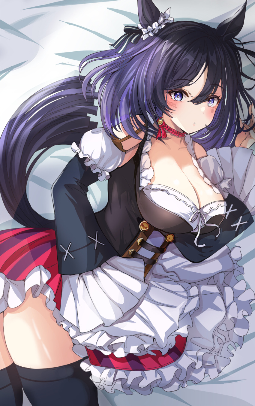 1girl animal_ears bare_shoulders black_hair black_thighhighs blush bodice breasts choker cleavage closed_mouth commentary_request cowboy_shot detached_sleeves dirndl ear_ornament eishin_flash_(umamusume) german_clothes hair_between_eyes hanamura_pink highres horse_ears horse_girl horse_tail large_breasts long_sleeves looking_at_viewer on_bed purple_eyes red_choker solo tail thighhighs umamusume wide_sleeves