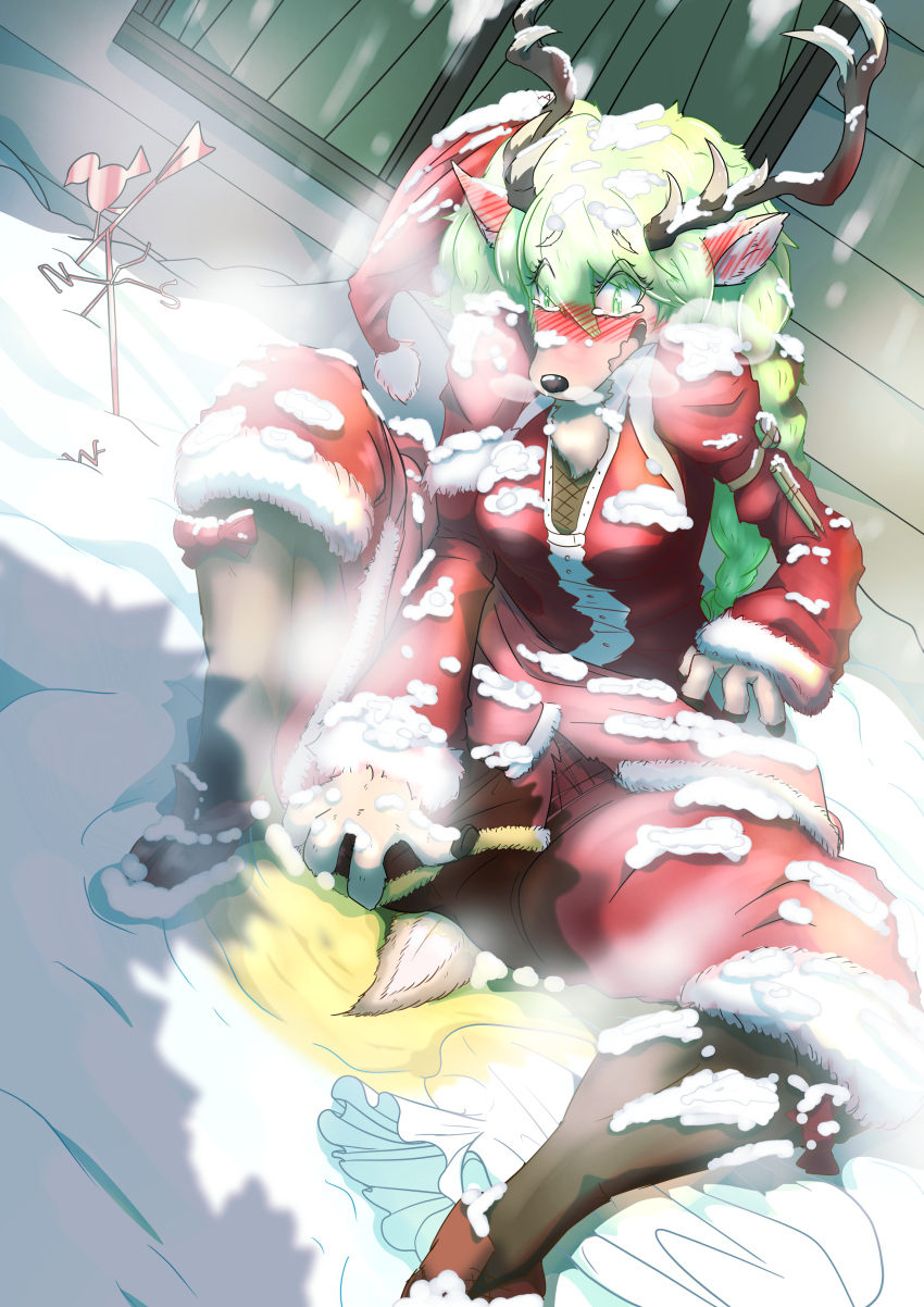 absurd_res accident anthro blush bodily_fluids butt christmas christmas_clothing christmas_headwear clothed clothing deer embarassment embarrassed female genital_fluids green_eyes green_hair hair hat headgear headwear hi_res holidays horn looking_at_viewer mammal mttbsmn new_world_deer omorashi open_mouth peeing peeing_on_ground reindeer santa_hat snow solo urine urine_on_ground wetting wetting_bottomwear wetting_self