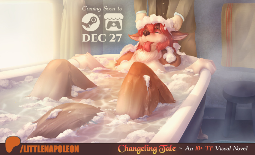 2023 anthro bath bathroom blush breasts brown_body brown_fur canid canine canis changeling_tale digital_media_(artwork) duo english_text eyes_closed female fur hair human inside jessie_(changeling_tale) littlenapoleon mammal nude red_hair smile soap_bubbles steam_(software) tail text tongue tongue_out towel valve washing_hair watsup wolf