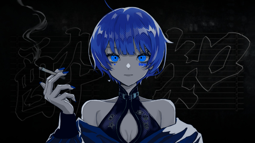 1girl ahoge bare_shoulders blue_eyes blue_hair blue_jacket blue_nails breasts cigarette cleavage closed_mouth commentary_request highres holding holding_cigarette jacket long_sleeves looking_at_viewer mole mole_under_eye nail_polish off_shoulder original short_hair sleeveless smoke solo song_name takayou upper_body yoidore_shirazu_(vocaloid)