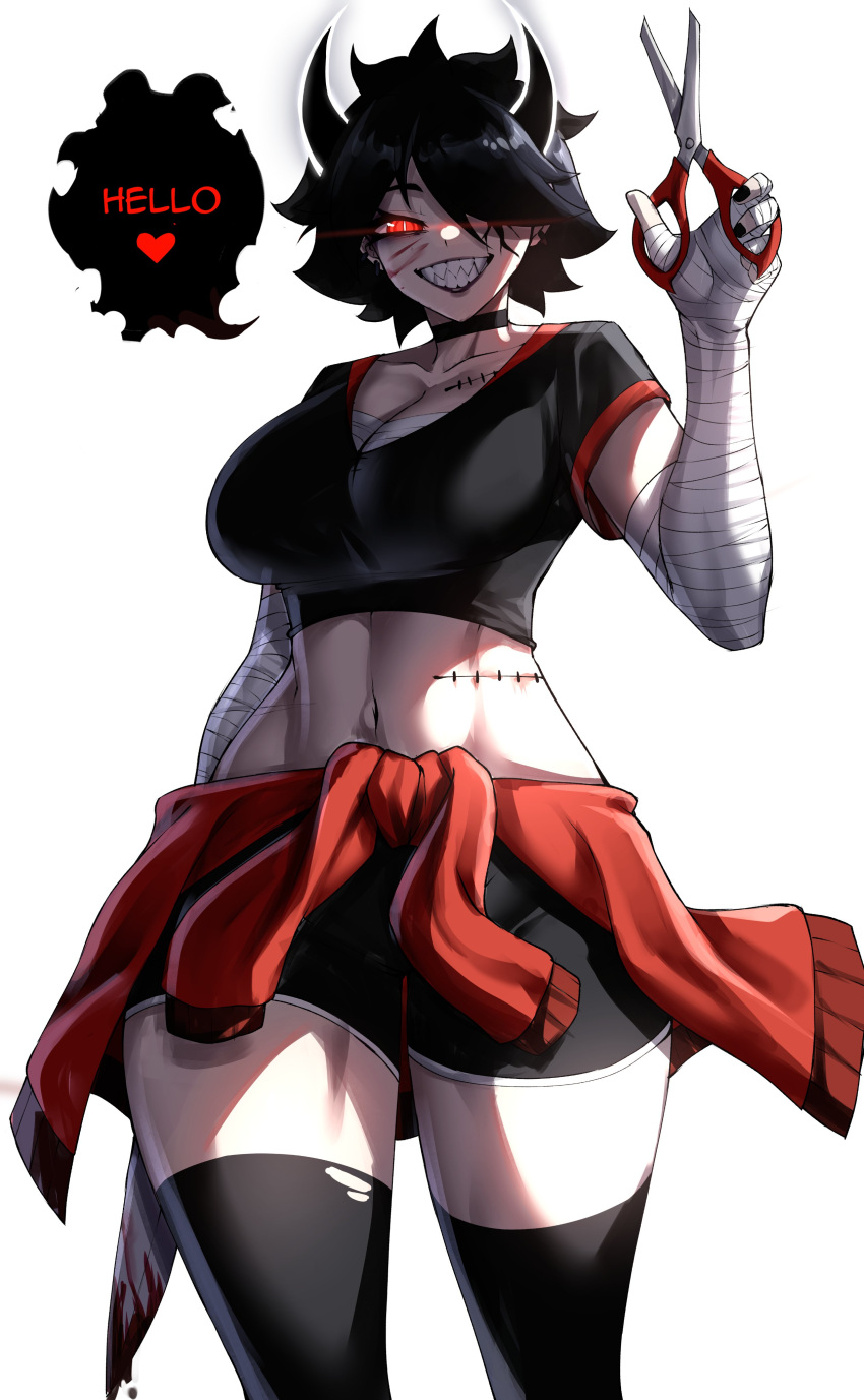 1girl absurdres bandaged_arm bandages black_hair black_lips black_shirt black_shorts black_thighhighs blood blood_on_face breasts chest_sarashi cleavage cropped_shirt ear_piercing hair_over_one_eye heart highres horns large_breasts looking_at_viewer navel original parted_lips piercing rageman709 red_eyes sarashi sharp_teeth shirt short_hair shorts solo speech_bubble stitched_torso stitches teeth thighhighs torn_clothes torn_thighhighs