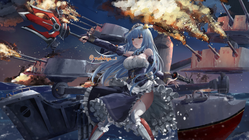 1girl absurdres apron arm_up armored_boots azur_lane bare_shoulders blue_dress blue_eyes blush boots breasts cannon commentary_request detached_sleeves dress facing_viewer firing frilled_dress frills highres holding holding_trident holding_weapon knee_boots large_breasts legs_apart long_hair looking_ahead maid_headdress makihige medium_breasts neptune_(azur_lane) night ocean open_mouth outdoors outstretched_arm rigging serious shell_hair_ornament signature solo splashing standing standing_on_liquid thighhighs turret upskirt very_long_hair waist_apron waves weapon white_apron yellow_eyes